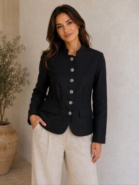Chadwicks Deep Black Linen/Cotton 6 Button-Front BlazerJacket Sz 16 Classic